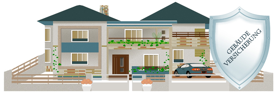 Schutzschild trägt die Beschriftung Gebäudeversicherung – Zeichnung eines Wohnhauses